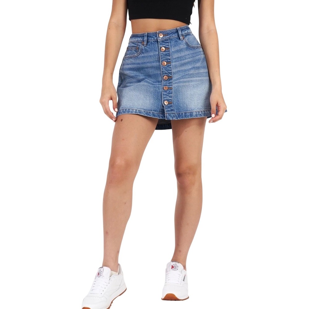 American Eagle Super Hi-Rise A-Line Denim Button Front Mini Skirt, Size 000, NWT